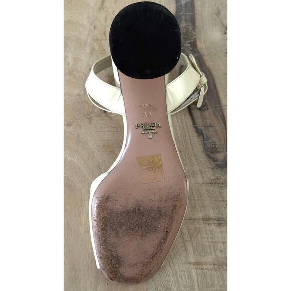 Prada Cream Patent Leather Sandals Peep Toe Heels Size 38 Designer Summer Shoes - Picture 6 of 7